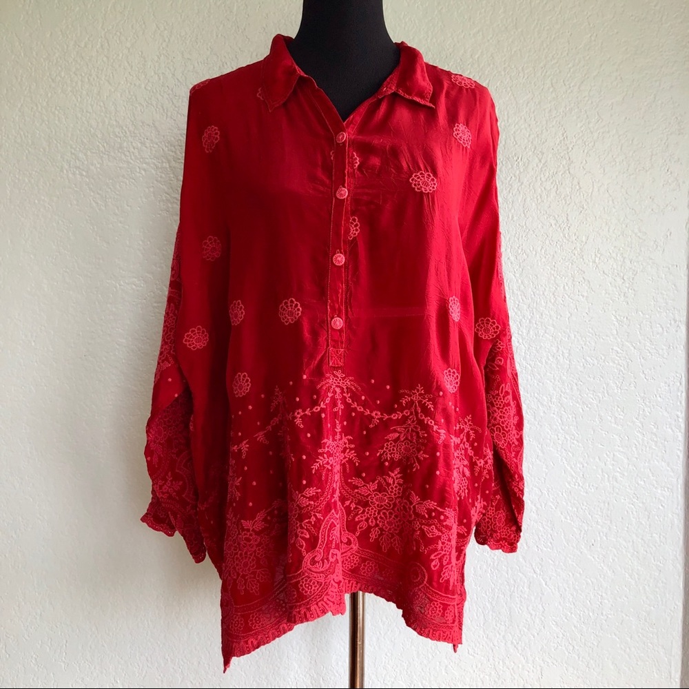 Johnny Was Red Tunic Size L Embroidered Floral Long Sleeve Flowy Top Blouse